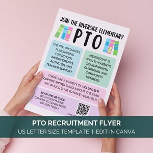 Peut inclure: Une affiche rose et verte avec le texte "Rejoignez le PTO de l'école élémentaire Riverside" et une pile de livres colorés. L'affiche comprend également des informations sur les activités du PTO et les possibilités d'adhésion. Un code QR est inclus pour en savoir plus ou pour adhérer aujourd'hui.