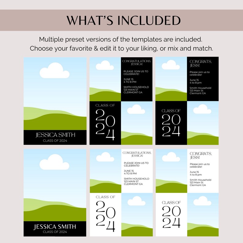 Multiple versions of the graduation announcement and open house invitation template are included with different font and color variations.