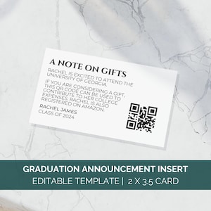 Plantilla editable de Canva para insertar una invitación a una fiesta de graduación, tarjeta de inserción con código QR para graduación, anuncio de graduación para fondos universitarios 2025