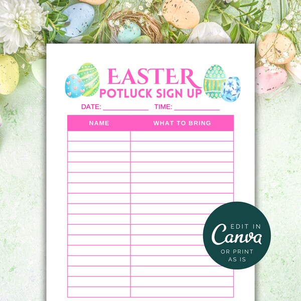 Easter Sign Up Sheet, Printable Easter Potluck Sign Up Sheet, Easter Party Sign Up Sheet, Spring Editable Canva Template PTO PTA Church