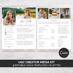 May include: A UGC Creator Media Kit template with a white background and black text. The kit includes editable Canva templates for social media, lifestyle influencer services, and rates. The kit is designed for US Letter size.