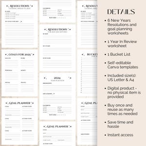 Puede incluir: Un planificador digital imprimible con texto negro sobre fondo blanco. El planificador incluye secciones para resoluciones, objetivos, listas de deseos y planificaci&oacute;n de objetivos. El texto "DETAILS" est&aacute; en letras negras grandes en la parte superior derecha de la imagen. Los detalles incluyen: 6 hojas de trabajo de resoluciones y planificaci&oacute;n de objetivos de A&ntilde;o Nuevo, 1 hoja de trabajo de revisi&oacute;n anual, 1 lista de deseos, Plantillas Canva autoeditables, Tama&ntilde;o(s) incluido(s): US Letter & A4, Producto digital - no se proporciona ning&uacute;n art&iacute;culo f&iacute;sico, Compra una vez y reutiliza tantas veces como sea necesario, Ahorra tiempo y molestias, Acceso instant&aacute;neo.