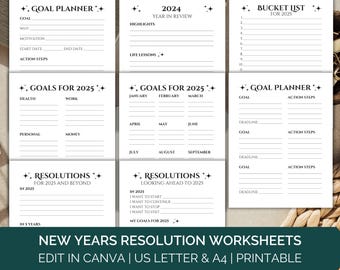 Puede incluir: Hojas de trabajo imprimibles para las resoluciones de Año Nuevo 2025. Las hojas de trabajo incluyen secciones para la planificación de objetivos, listas de deseos, resoluciones y objetivos para cada mes del año. Las hojas de trabajo están diseñadas para ser editadas en Canva y están disponibles en los tamaños US Letter y A4.