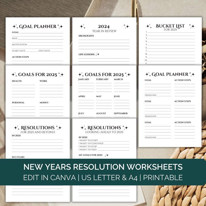 A set of New Years Resolutions worksheets is shown, including 2025 Resolutions, long term resolutions, a 2024 year in review, 2025 goals, and a bucket list. Edit the goal setting templates in Canva or print as is.