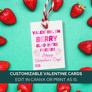 Strawberry Valentine Tag Canva Template, Fruit Snack Valentine&#39;s Day Card, Kids Preschool Teacher Classroom Valentines Exchange