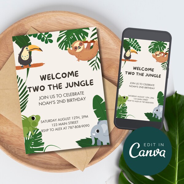 Welcome To The Jungle Birthday Invitation, Welcome Two The Jungle Birthday Party Invite, Party Animals Digital Invite Canva Template