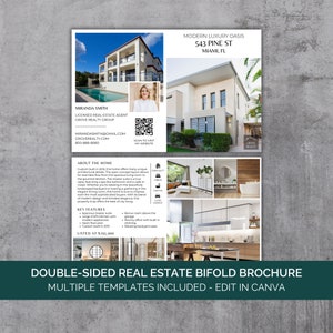 Modello Canva per brochure immobiliare di lusso, elenco delle caratteristiche della brochure immobiliare, brochure di marketing immobiliare appena pubblicata