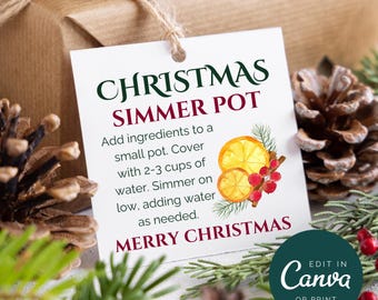 Etiqueta navideña para olla de cocción lenta, etiqueta de regalo para popurrí navideño para estufa, plantilla imprimible de Canva para etiquetas de ollas de cocción lenta
