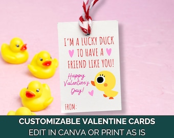 May include: A printable Valentine's Day card featuring a yellow duck with the text "I'm a lucky duck to have a friend like you!" and "Happy Valentine's Day!" The card is customizable and can be edited in Canva or printed as is.