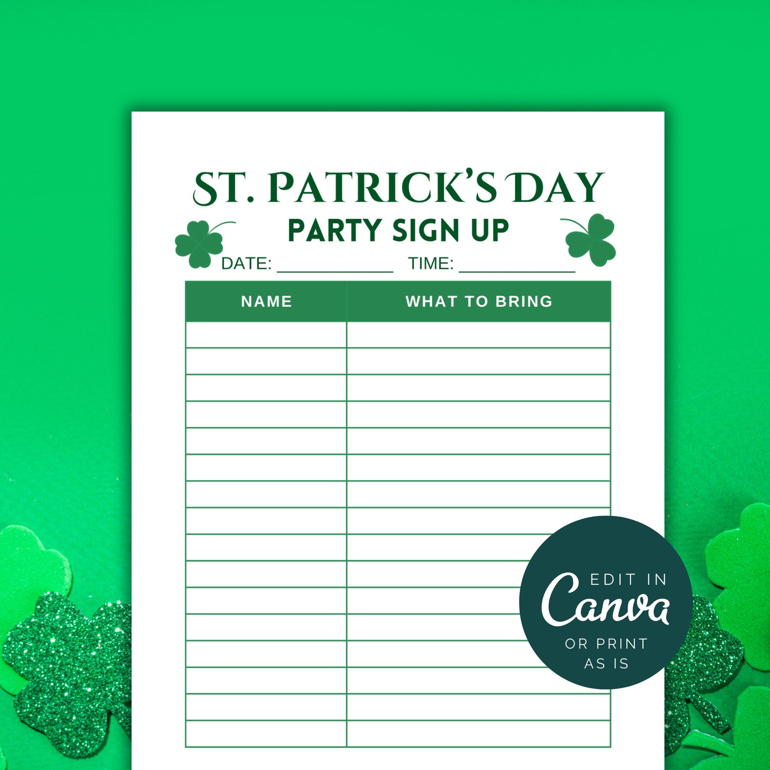 St. Patrick's Day Sign up Sheet, Printable St Patty's Day Potluck Sign ...