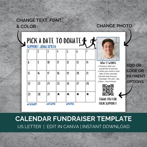 Pick A Date To Donate Calendar Fundraiser For Track, Cross Country Running Fundraising Calendar Canva Template, Running Team Fundraising