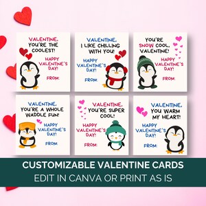 Tarjeta de San Valentín con pingüino para niños, tarjeta de San Valentín con pingüino para el aula, tarjetas de San Valentín con pingüino para niños, plantilla de Canva para etiqueta de San Valentín imprimible con pingüino