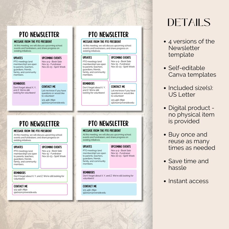 PTO Newsletter Canva Template, Weekly Classroom Newsletter, Monthly ...