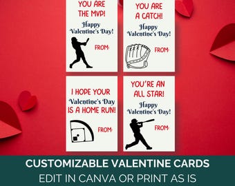 May include: Four printable Valentine's Day cards with a baseball theme. The cards feature a baseball player, a baseball glove, a baseball field, and the text "You are the MVP!", "You are a catch!", "I hope your Valentine's Day is a home run!", and "You're an all star!" The cards also include the text "Happy Valentine's Day!" and "From:".