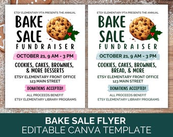 Peut inclure: Une affiche pour une vente de pâtisserie de collecte de fonds à l'école élémentaire Etsy. L'affiche est rose et bleue avec une image d'un cookie aux pépites de chocolat et d'une branche de houx. Le texte indique "Vente de pâtisserie de collecte de fonds" et "21 octobre, 9 h - 15 h". L'affiche énumère également les articles qui seront vendus, notamment des biscuits, des gâteaux, des brownies, du pain et plus encore. L'affiche indique que tous les bénéfices seront reversés aux programmes de la bibliothèque de l'école élémentaire Etsy.