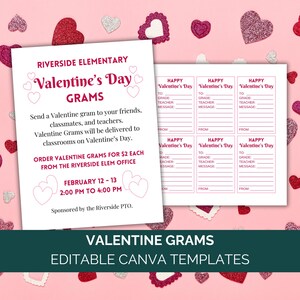 May include: Valentine's Day Grams template with text: "Riverside Elementary Valentine's Day Grams." Includes fill-in-the-blank sections for "To," "Grade," "Teacher," and "Message." The template is for Valentine's Day and is sponsored by the Riverside PTO.