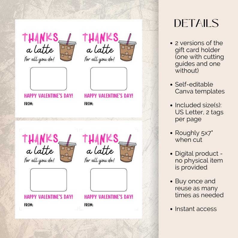 Valentine Coffee Gift Card Holder Canva Template, Thanks A Latte ...