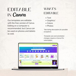 Puede incluir: Una pantalla de computadora port&aacute;til que muestra una plantilla de dise&ntilde;o de Canva con el texto "The wait is over". El texto "What will you design today?" est&aacute; en la barra de b&uacute;squeda. El texto "Editable in Canva" est&aacute; en la esquina superior izquierda de la imagen. El texto "What's Editable" est&aacute; en la esquina superior derecha de la imagen. El texto "Text, Graphics, Colors, Photos" est&aacute; listado debajo de "What's Editable".