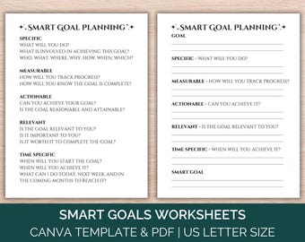 Puede incluir: Una hoja de trabajo imprimible con fondo verde y texto blanco. La hoja de trabajo se titula "SMART GOAL PLANNING" e incluye una lista de preguntas para ayudarte a establecer objetivos SMART. Las preguntas son: Específico, Medible, Alcanzable, Relevante y Con plazos.
