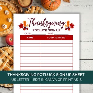 Thanksgiving Potluck Sign Up Sheet Template, Printable Holiday Potluck Signup Sheet Canva, Fall Potluck Sign Up Sheet Template