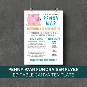 Penny War Fundraiser Flyer Canva Vorlage, PTO Coin War Fundraiser Flyer, Veränderung Krieg Schule Fundraiser Ideen Beschilderung Penny Drive Flyer PTO