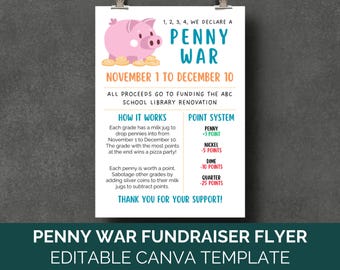 Penny War Fundraiser Flyer Canva Template, PTO Coin War Fundraiser Flyer, Change War School Fundraising Ideas Signage Penny Drive Flyer PTO