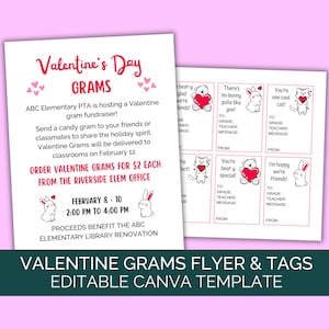 May include: Printable Valentine's Day Grams flyer and tags template for a school fundraiser. The flyer is pink with white text and features a cute bunny illustration. The tags are pink with white text and feature various cute animal illustrations. The text on the flyer reads "Valentine's Day Grams" and "ABC Elementary PTA is hosting a Valentine gram fundraiser!" The text on the tags reads "There's no-bunny quite like you!" "You're one cool cat!" "You're bear-y special!" and "I'm hoppy we're friends!"