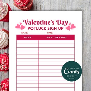 Valentines Party Sign Up Sheet, Valentine&#39;s Day Sign Up Sheet, Potluck Sign Up Valentines Printable, Editable Canva Template PTO