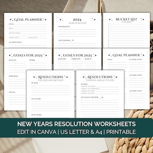 目標計画ワークブック、2025 年の新年の抱負ワークシート、新年の抱負ガイド、新年の意図の目標設定 Canva テンプレート