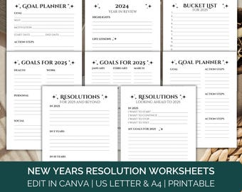 Puede incluir: Hojas de trabajo imprimibles para las resoluciones de Año Nuevo en blanco y negro con un diseño minimalista. Las hojas de trabajo incluyen secciones para la planificación de objetivos, listas de deseos, resoluciones y la revisión del año. El texto "EDIT IN CANVA | US LETTER & A4 | PRINTABLE" está en la parte inferior de la imagen.