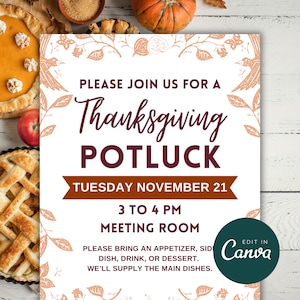 Thanksgiving Potluck Flyer Template, Fall Potluck Sign, Office Potluck Invitation, Work Potluck Invite, Printable Canva Template PTO