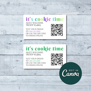 It's Cookie Time-visitekaartjes, bewerkbare QR-code cookie-visitekaartjes, afdrukbare marketingcanvasjabloon