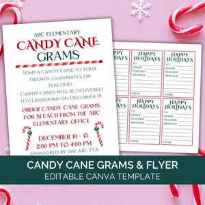 May include: Printable flyer for a Candy Cane Grams fundraiser at ABC Elementary. The flyer features a red and white candy cane design and includes details about ordering candy canes for £1 each from the school office. The flyer also includes a section for students to write messages to their friends and teachers.
