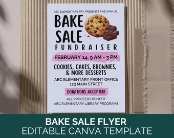 Peut inclure: Une affiche violette et blanche avec une image d'un cookie aux pépites de chocolat et de barres de chocolat. L'affiche annonce une vente de pâtisserie pour collecter des fonds pour les programmes de la bibliothèque d'ABC Elementary. L'événement aura lieu le 14 février de 9h à 15h. L'affiche indique l'adresse de l'école : 123 Main Street.