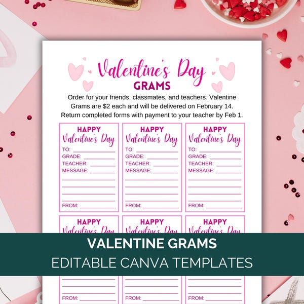 Valentines Gram Fundraiser Canva Template, Valentine Gram Fundraising Event Flyer, Valentine Gram Order Form, Valentine's Day Grams Tags PTO