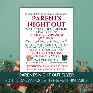 Parents Night Out Flyer Template, Christmas Parents Night Out Fundraiser, Winter Holiday Canva Template US Letter A4 PTO Fundraising