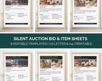 May include: Eight printable silent auction bid and item sheets with editable templates. Each sheet features a different item for auction, including a 4-day cabin rental, a spa day, and a pasta making class. The sheets are designed in a modern style with a white background and black text.