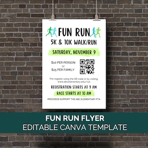 May include: A green and white flyer for a 5K and 10K walk/run event. The flyer says "Fun Run" and includes the date "Saturday, November 9". It also includes the registration and race start times, as well as the cost to participate. The flyer includes a QR code for registration.