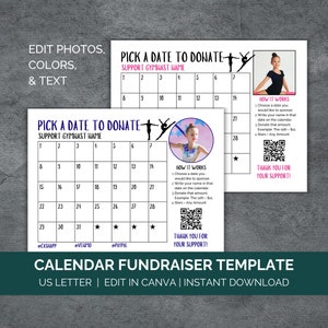 May include: A calendar fundraiser template with a pink and white gymnast graphic. The template includes a calendar with dates 1 through 31, a section for a gymnast's name, and instructions on how to donate. The text "Pick a Date to Donate" is at the top of the calendar. The text "Calendar Fundraiser Template" is at the bottom of the calendar. The text "US Letter | Edit in Canva | Instant Download" is below the title.