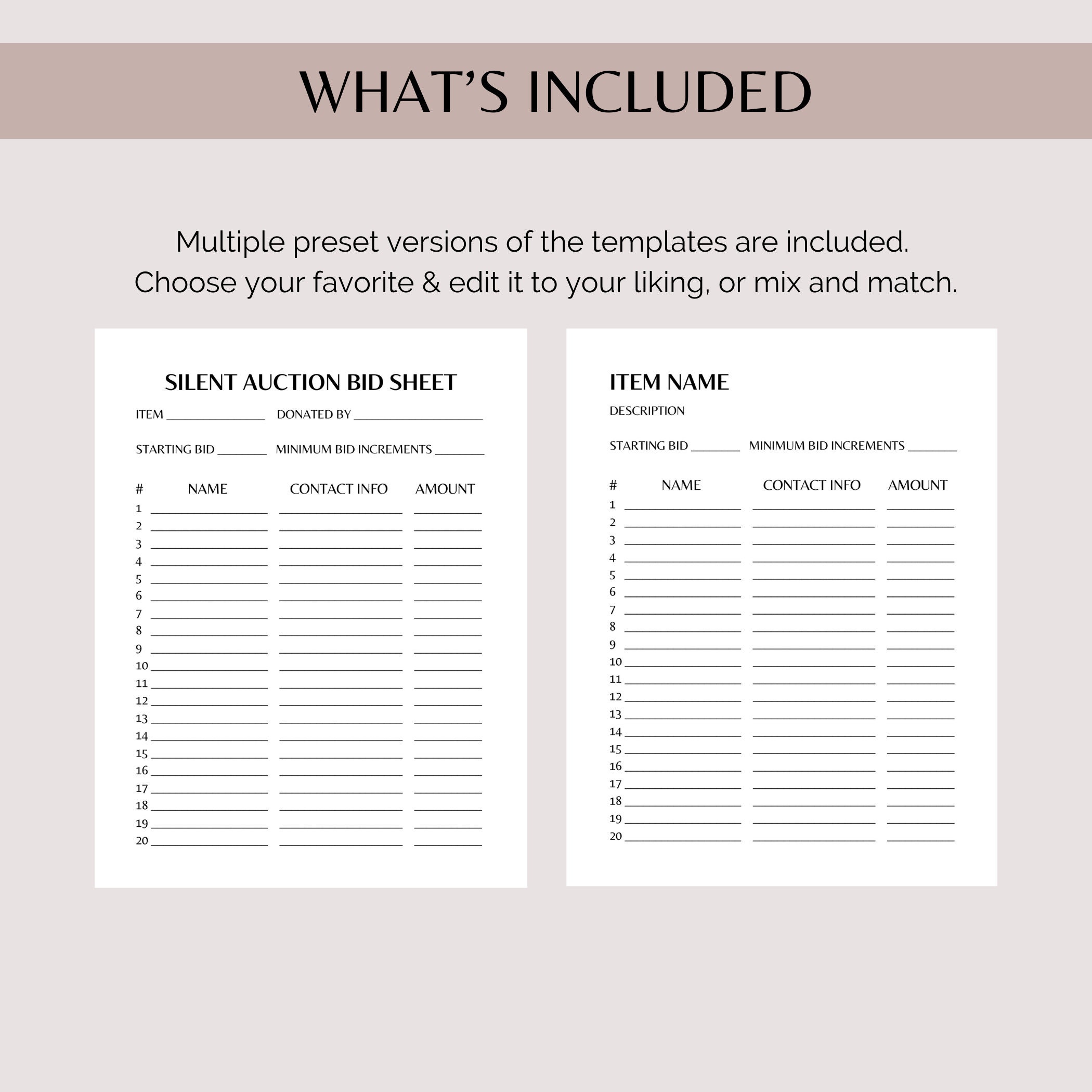 Editable Silent Auction Item Template, Silent Auction Bundle, Silent Auction Bid Sheet Printable ...