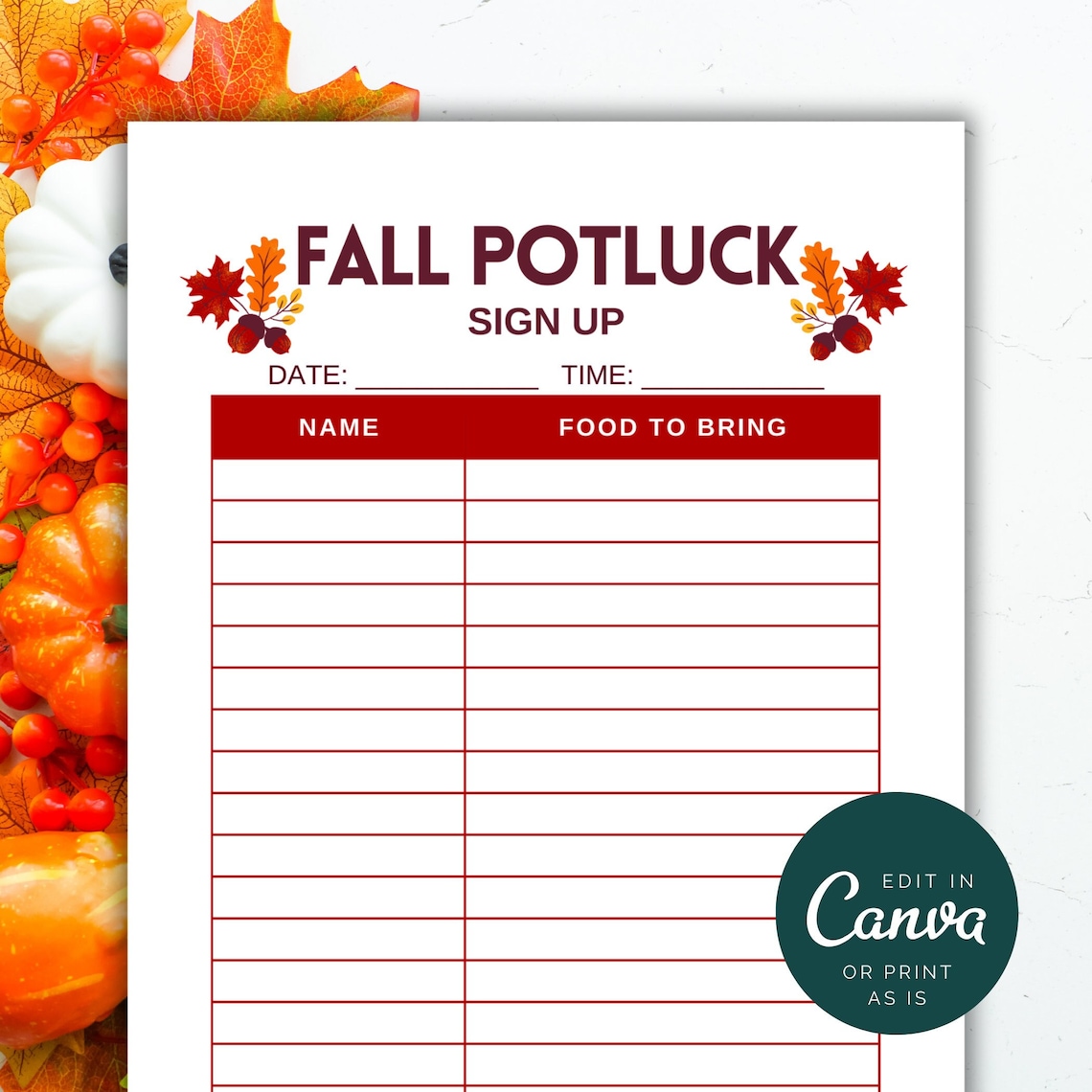 Fall Potluck Sign up Sheet Template Printable Holiday Potluck Signup