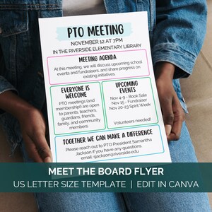 Plantilla de Canva para volante de reunión de padres y maestros de la PTO, carta para la reunión mensual de la junta escolar, plantillas editables de cartas para la organización de padres y maestros