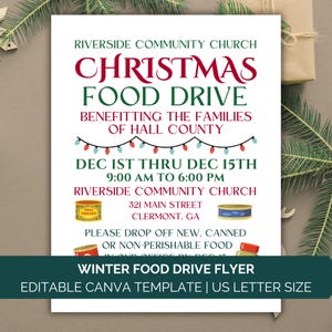 Christmas Food Drive Flyer, Editable Holiday Food Drive Flyer Template, Printable Sign Canva Template US Letter A4 PTO Instant Download