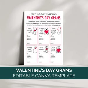 May include: Printable Valentine's Day Grams template with cute animal illustrations. The template includes space for the recipient's grade, teacher's name, a message, and the sender's name. The text on the template reads "ABC Elementary PTA Presents Valentine's Day Grams".