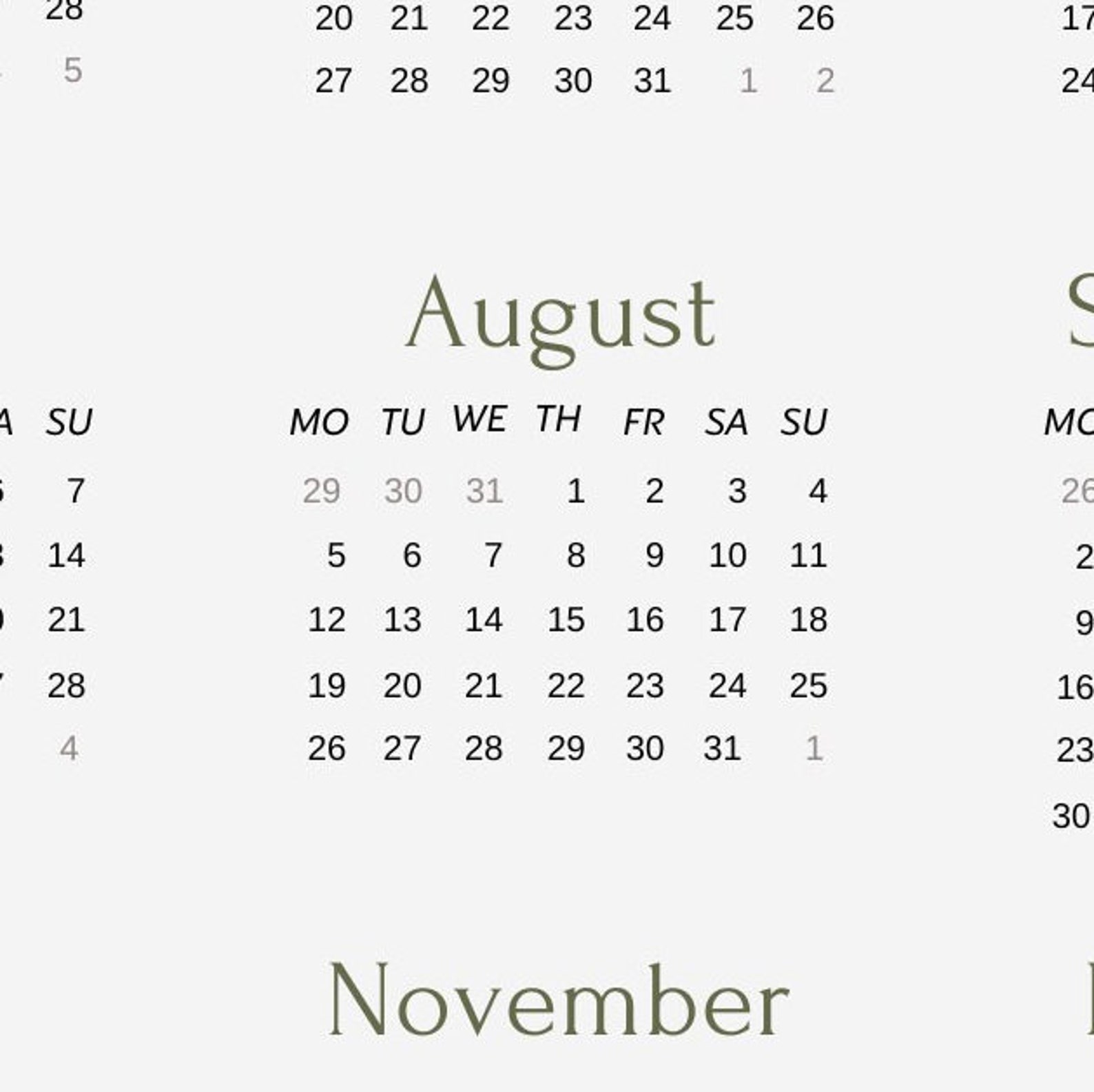 Printable Digital Calendar, Wall Calendar, Monthly Planner, Simple ...