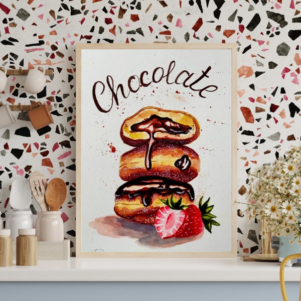 Tirage d'art illustration gastronomique, Décoration cuisine/chambre, Format A4, Peinture maison, Beignets au chocolat