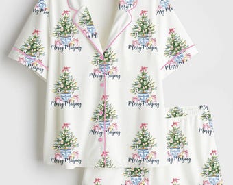 Women’s Merry Mahjong Pajama Set – Chinoiserie Satin Christmas Sleepwear, Short Sleeve PJs, Holiday Gift, Cozy Lounge Set