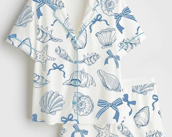 Coquette Seashell Coastal Summer Pajamas Sleepwer, Vibes Short Sleeve Satin Pajama Set, Satin Pajama Set Women’s Gift