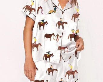 Gangstas Paradise Cowboys Pajama Set, Paradise Cowgirls Tree Satin PJs, Coastal Holiday Sleepwear, Short Sleeve Lounge Set Gift