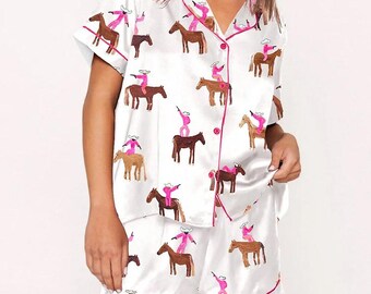 Gangstas Paradise Cowboys Horses Rodeo Pajama Set, Gangstas Horses Cowgirls Nightwear PJs, Champagne Holiday Gift, Set Pyjamas Gifts For Her